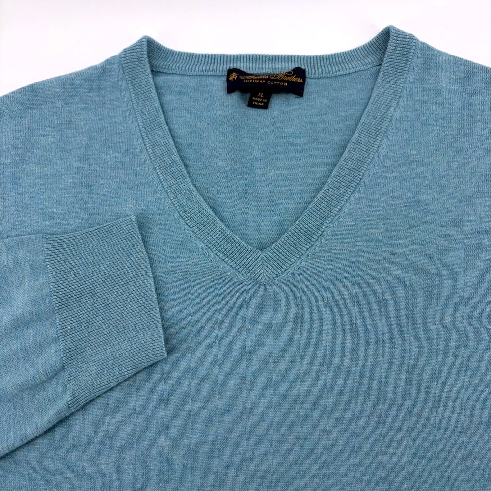 Brooks Brothers Mens XL Supima‎ Cotton V-Neck Sweater Heather Blue Knit Pullover